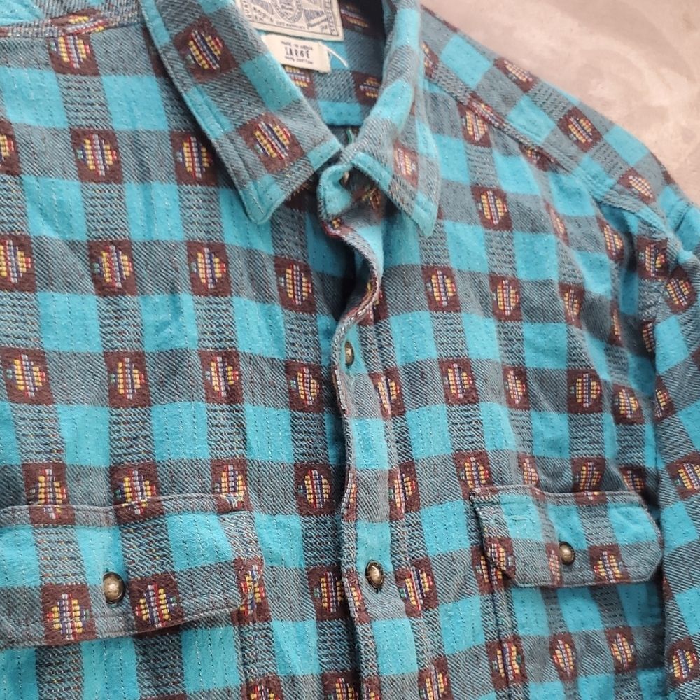 LUCKY BRAND | LARGE MEN CASUAL AZTEC LONG SLEEVE BUTTON DOWN | TUROUISE MEN Vtg